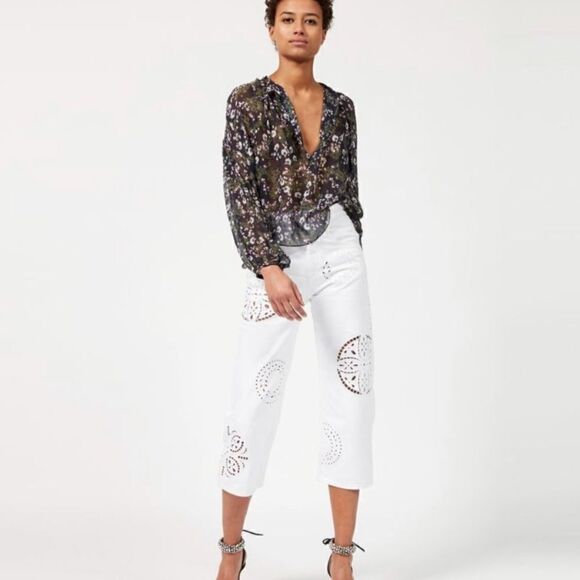 Isabel Marant Mia Silk Blue Midnight Blouse Floral Long Sleeve Size 4 - Picture 4 of 13